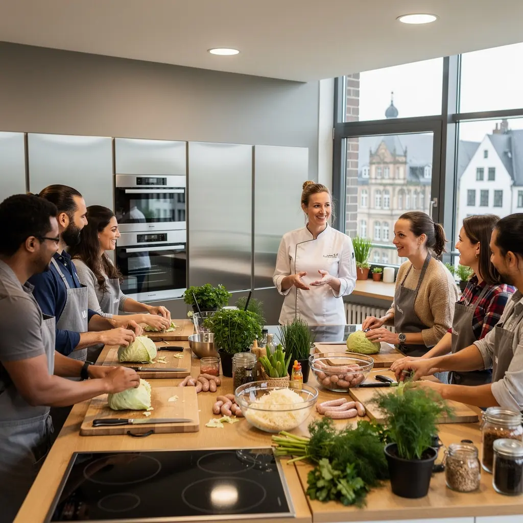 Ein traditioneller deutscher Imbissstand, der lokale Spezialitäten wie Bratwurst und Sauerkraut verkauft.