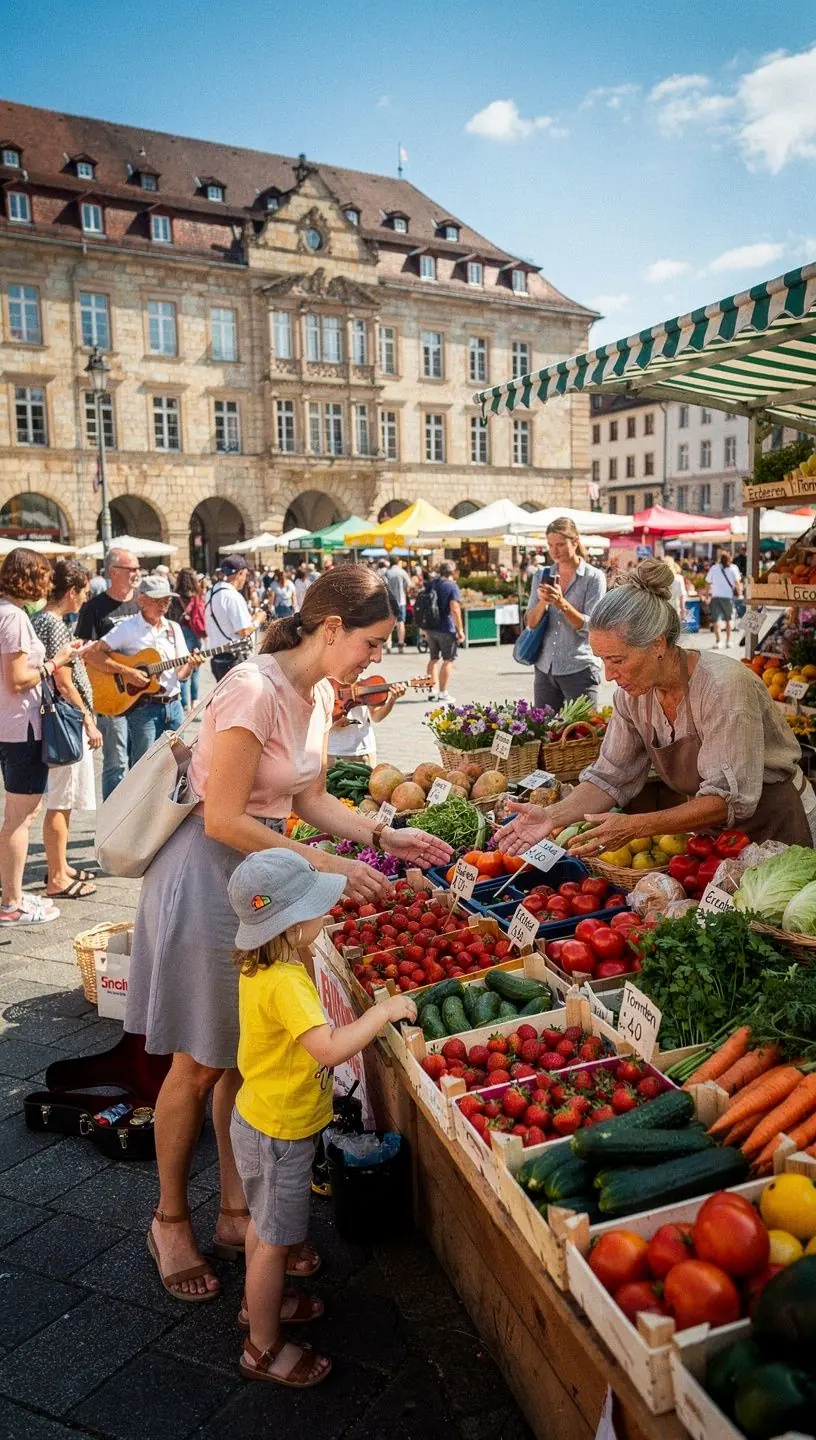 Ein lebhafter Markt mit bunten Ständen, die frisches Obst und Gemüse anbieten.
